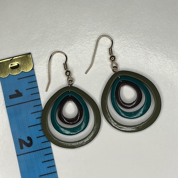 Metal enamel drop wire earrings. - Picture 2 of 2